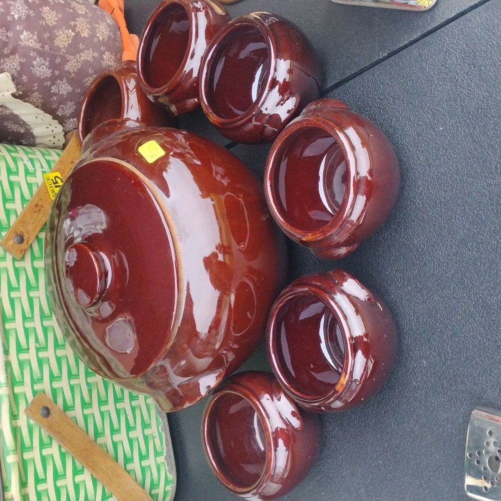 Serving Set Vintage Brown Tourrine With 6 Serving Bowls